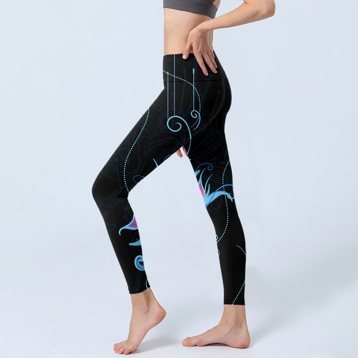Leggings de fitness en tissu lycra imprimé fleurs noires, roses et bleues avec Buddha Stones Pantalons de yoga pour femmes - image 4