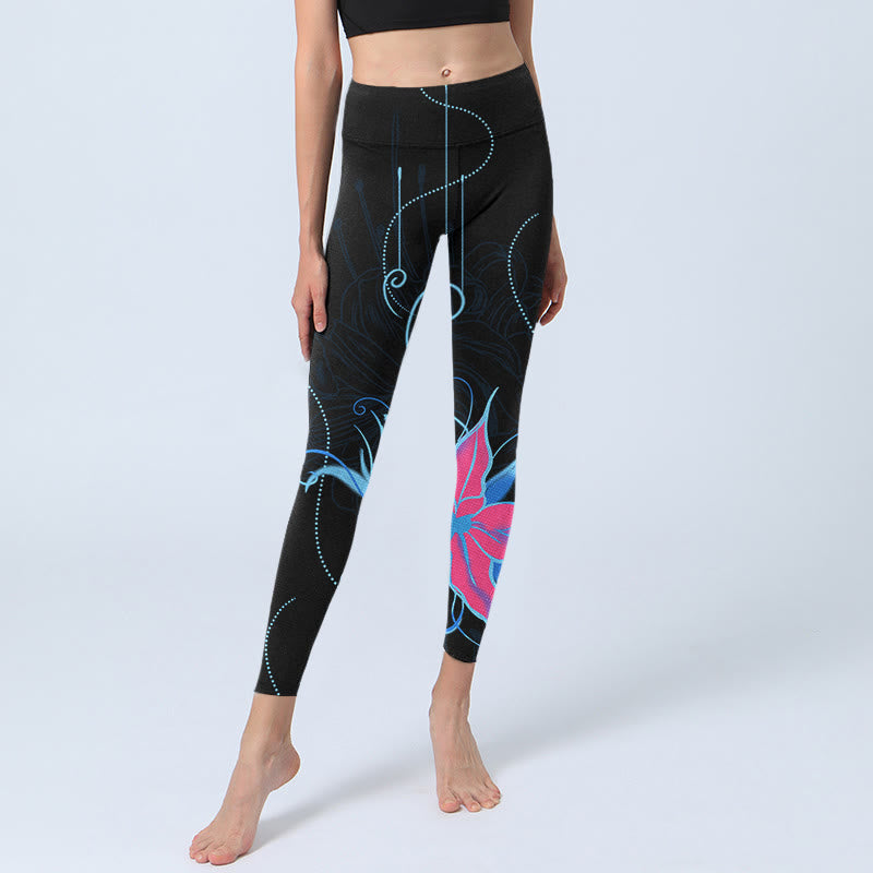 Leggings de fitness en tissu lycra imprimé fleurs noires, roses et bleues avec Buddha Stones Pantalons de yoga pour femmes - image 6