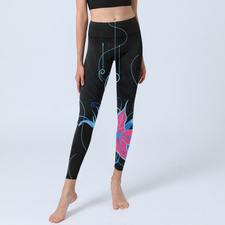 Leggings de fitness en tissu lycra imprimé fleurs noires, roses et bleues avec Buddha Stones Pantalons de yoga pour femmes - image 6