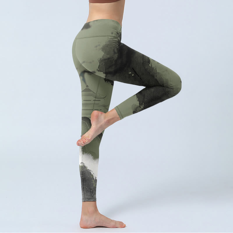 Leggings de fitness en tissu lycra imprimé Buddha Stones Ink Painting Mountain Pavilion Pantalon de yoga pour femme - image 4