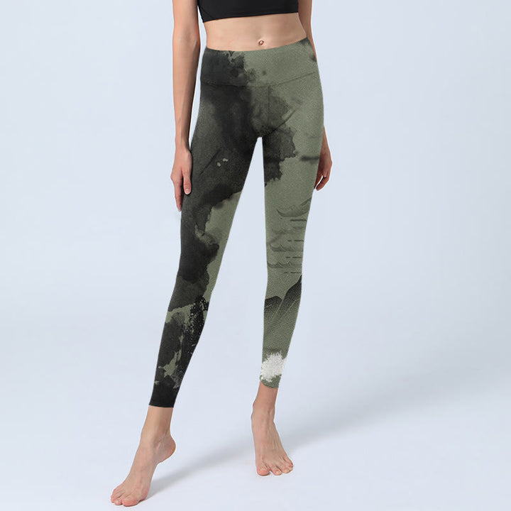 Leggings de fitness en tissu lycra imprimé Buddha Stones Ink Painting Mountain Pavilion Pantalon de yoga pour femme - image 7