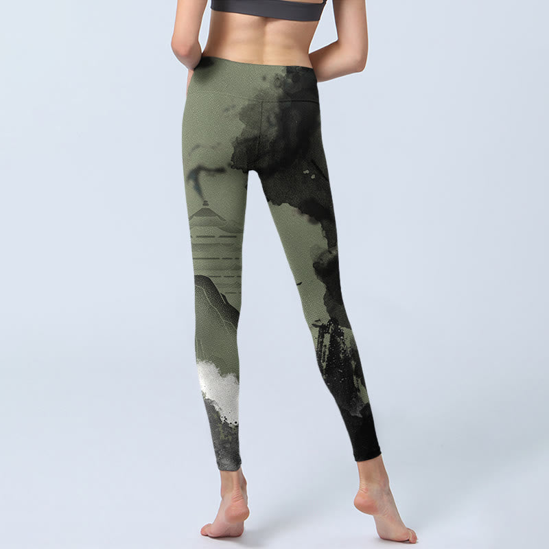 Leggings de fitness en tissu lycra imprimé Buddha Stones Ink Painting Mountain Pavilion Pantalon de yoga pour femme - image 8
