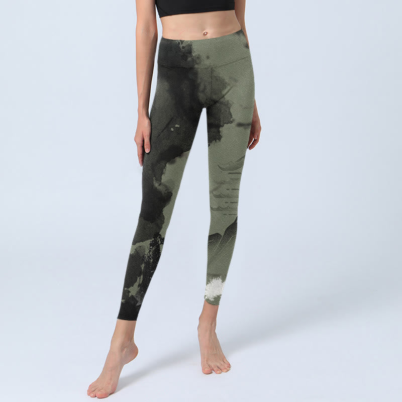 Leggings de fitness en tissu lycra imprimé Buddha Stones Ink Painting Mountain Pavilion Pantalon de yoga pour femme - image 6