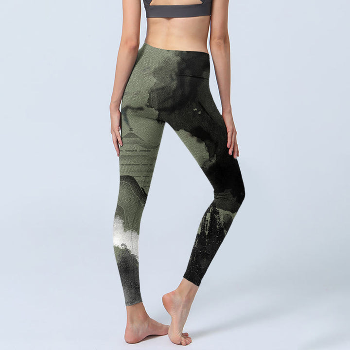Leggings de fitness en tissu lycra imprimé Buddha Stones Ink Painting Mountain Pavilion Pantalon de yoga pour femme - image 6