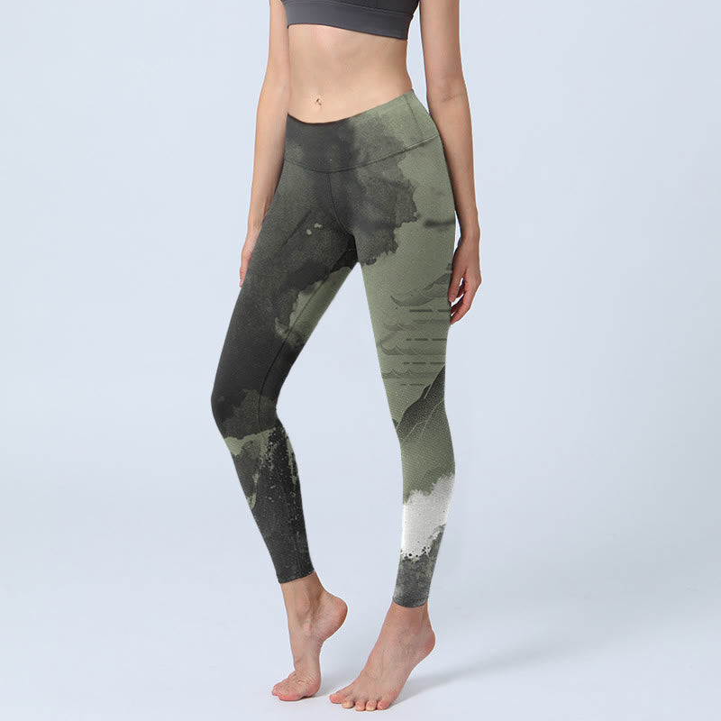 Leggings de fitness en tissu lycra imprimé Buddha Stones Ink Painting Mountain Pavilion Pantalon de yoga pour femme - Gris - US18，UK/AU22，EU50 (4XL) - image 0