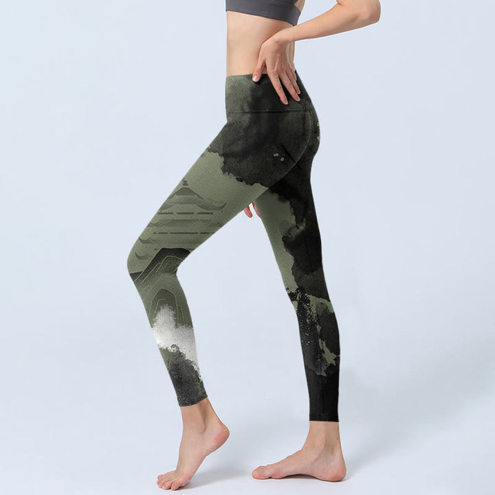 Leggings de fitness en tissu lycra imprimé Buddha Stones Ink Painting Mountain Pavilion Pantalon de yoga pour femme - image 3