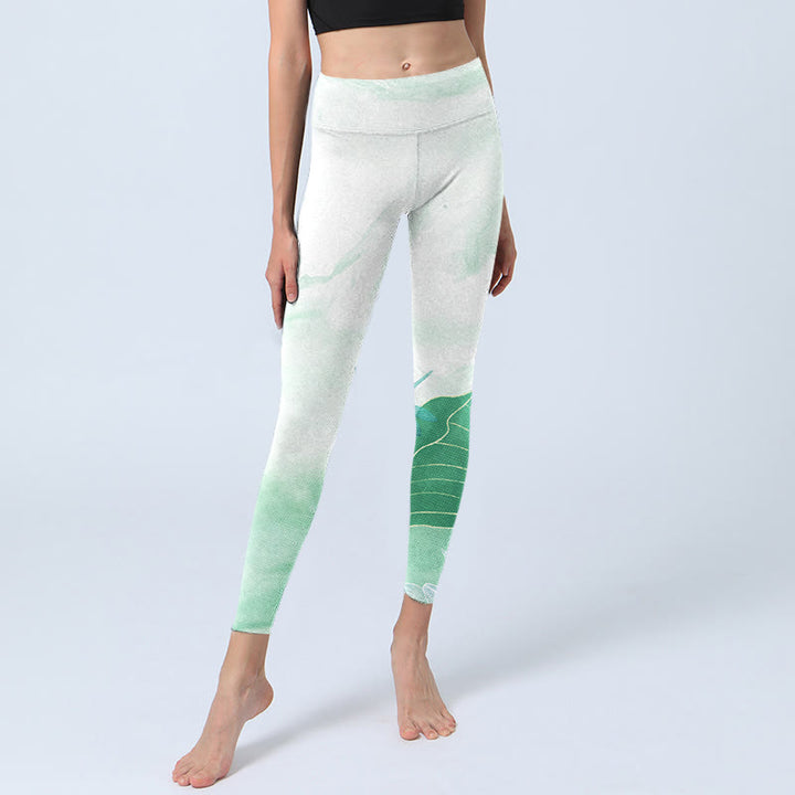 Leggings d'exercice en tissu lycra imprimé feuilles de lotus vert menthe Buddha Stones Pantalon de yoga pour femme - image 5