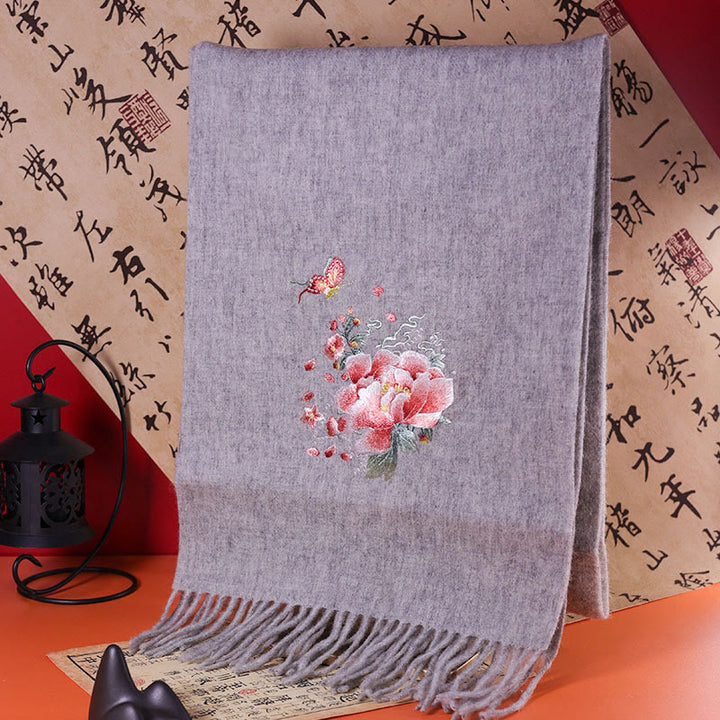 Châle en laine avec Buddha Stones, broderie de papillons pivoine rose, pompon, écharpe de voyage confortable pour l'hiver - 180*37cm - image 0