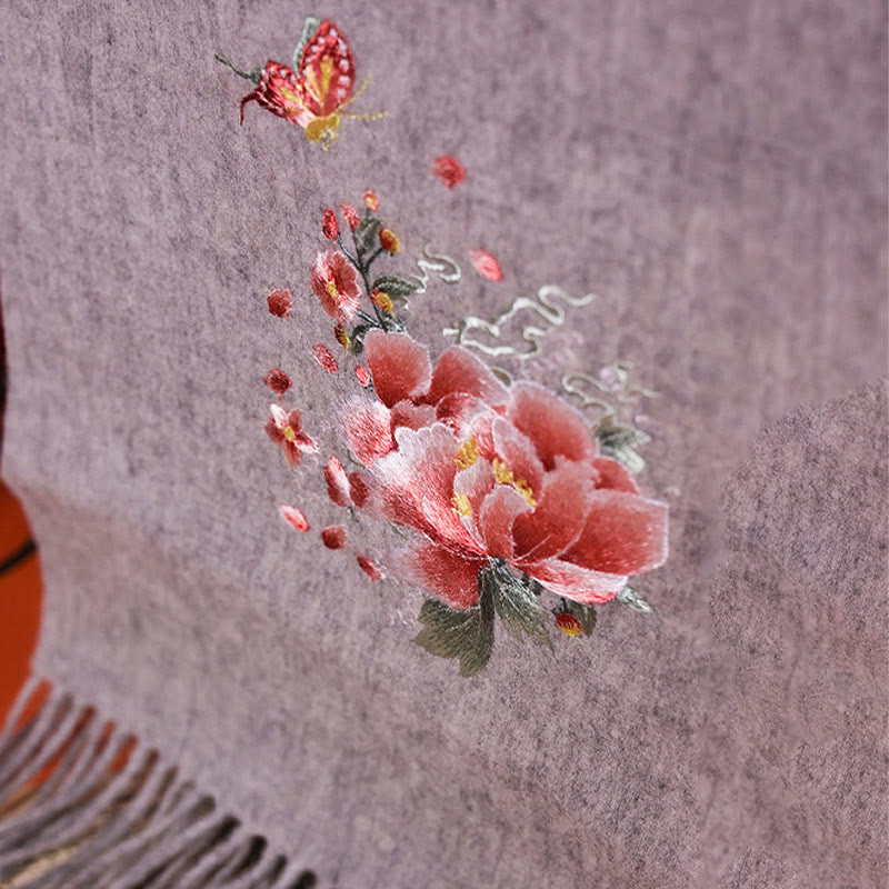 Châle en laine avec Buddha Stones, broderie de papillons pivoine rose, pompon, écharpe de voyage confortable pour l'hiver - image 1