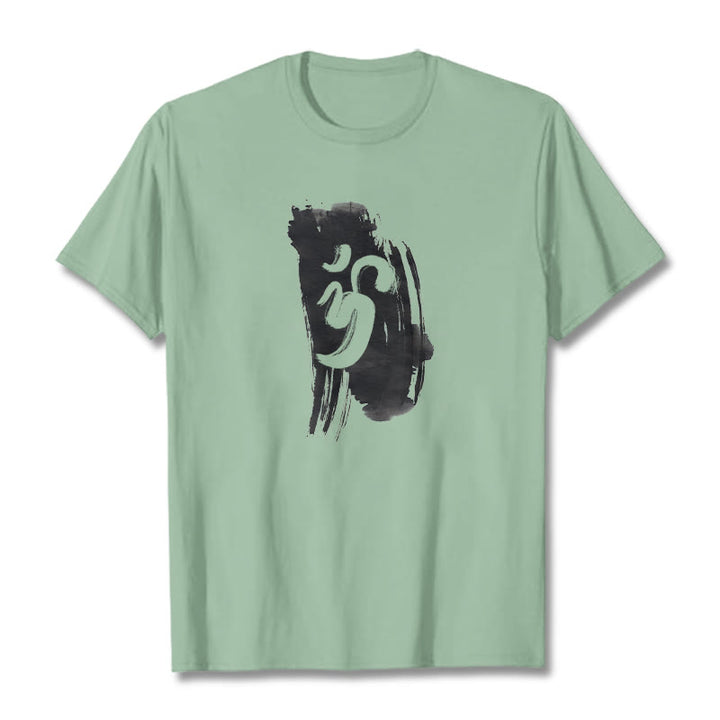 T-shirt en coton avec fond d'encre OM et Buddha Stones - Vert pâle - 2XL - image 17