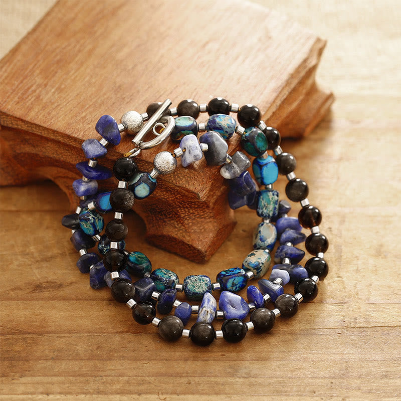 Bracelet triple tour en obsidienne sodalite et or brillant de Buddha Stones Emperor Stone