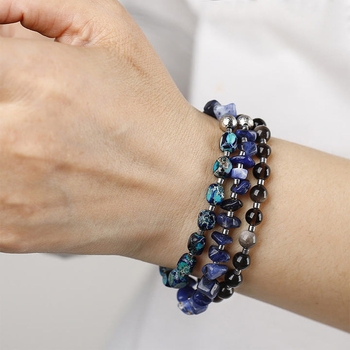Bracelet triple tour en obsidienne sodalite et or brillant de Buddha Stones Emperor Stone