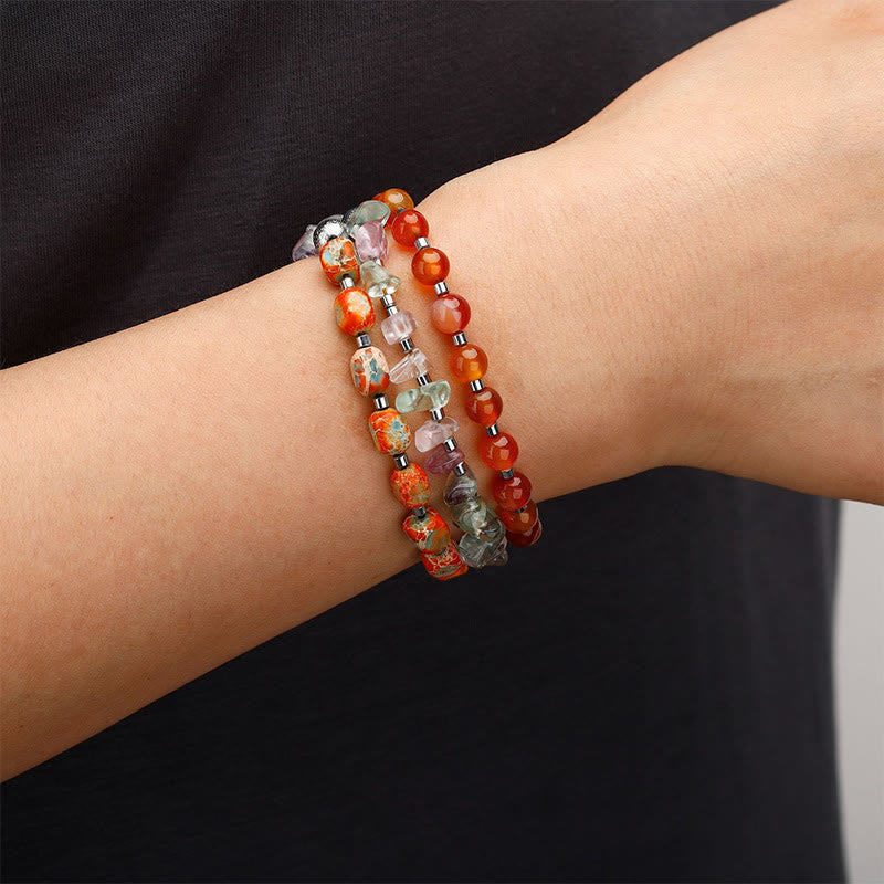 Bracelet triple tour en fluorite et agate rouge de Buddha Stones