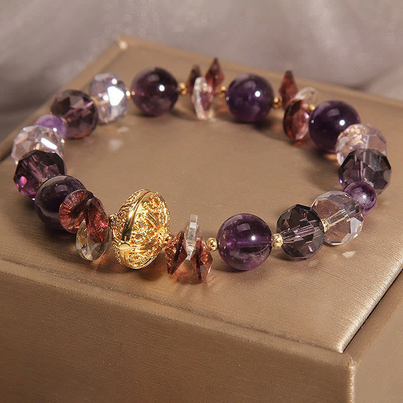 Bracelet de paix intérieure et de guérison en forme de citrouille Buddha Stones, améthyste, cristal rouge et cristal blanc
