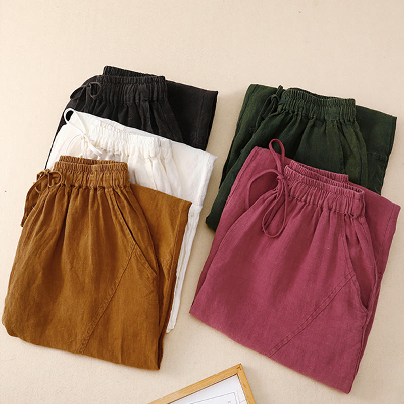Pantalon sarouel d'été en lin avec cordon de serrage et taille élastique pour femme avec poches Buddha Stones - image 1