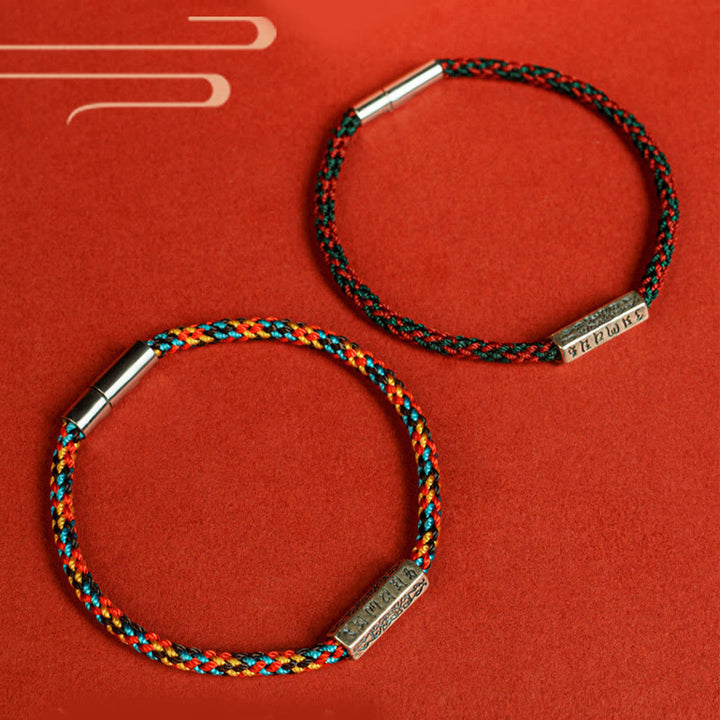 Bracelet porte-bonheur en argent sterling 925 avec six mots vrais et fil rouge et fil noir Buddha Stones