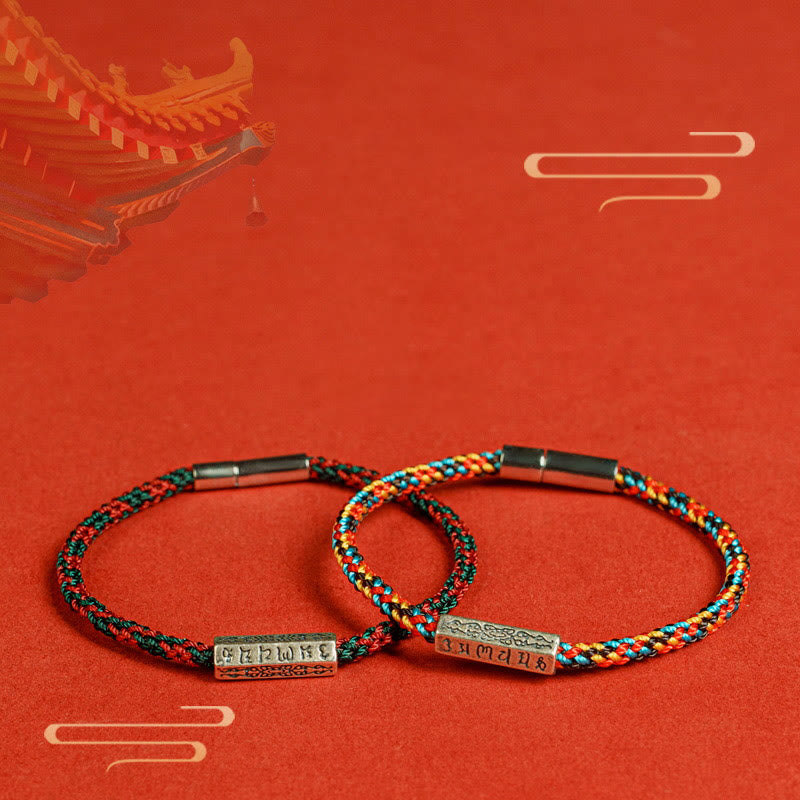 Bracelet porte-bonheur en argent sterling 925 avec six mots vrais et fil rouge et fil noir Buddha Stones