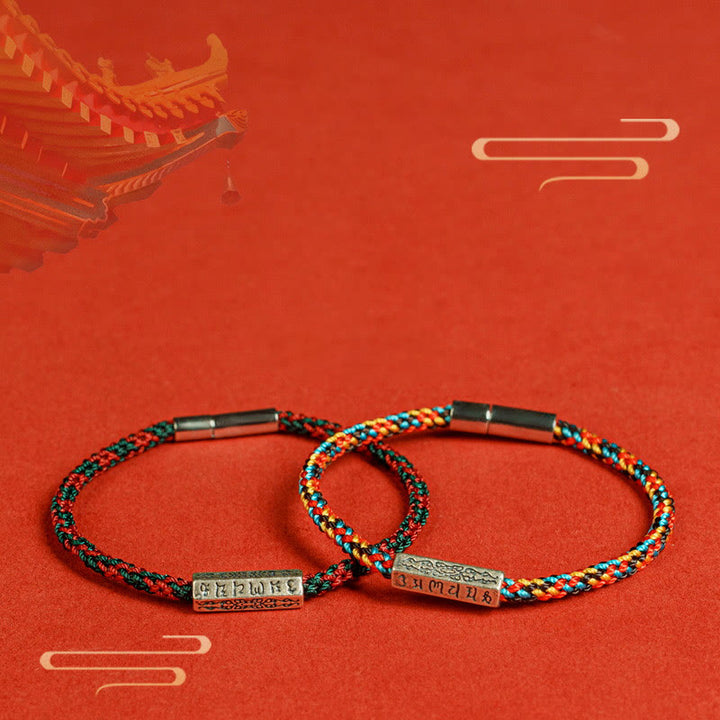 Bracelet porte-bonheur en argent sterling 925 avec six mots vrais et fil rouge et fil noir Buddha Stones