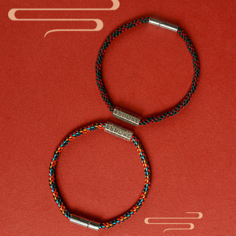 Bracelet porte-bonheur en argent sterling 925 avec six mots vrais et fil rouge et fil noir Buddha Stones