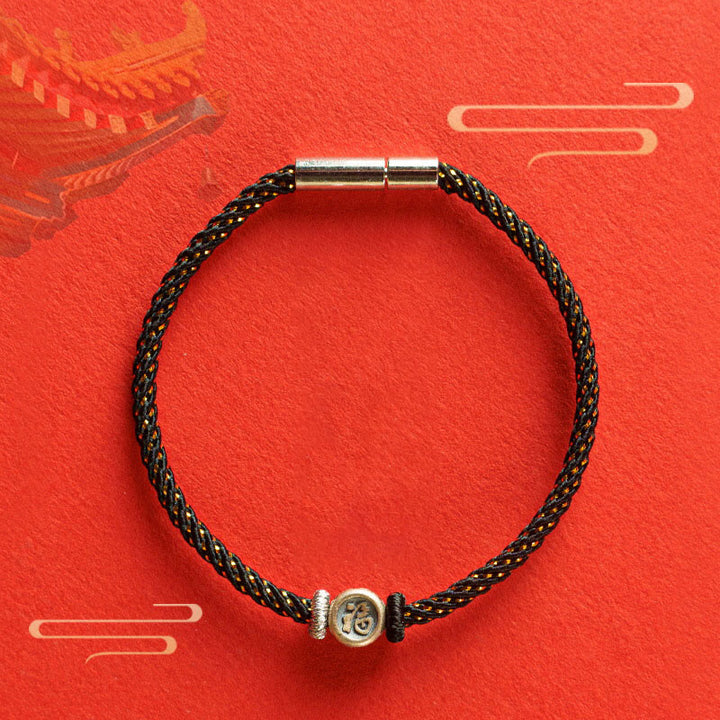 Bracelet tressé en argent sterling 925 Buddha Stones et personnage de la foi Fu