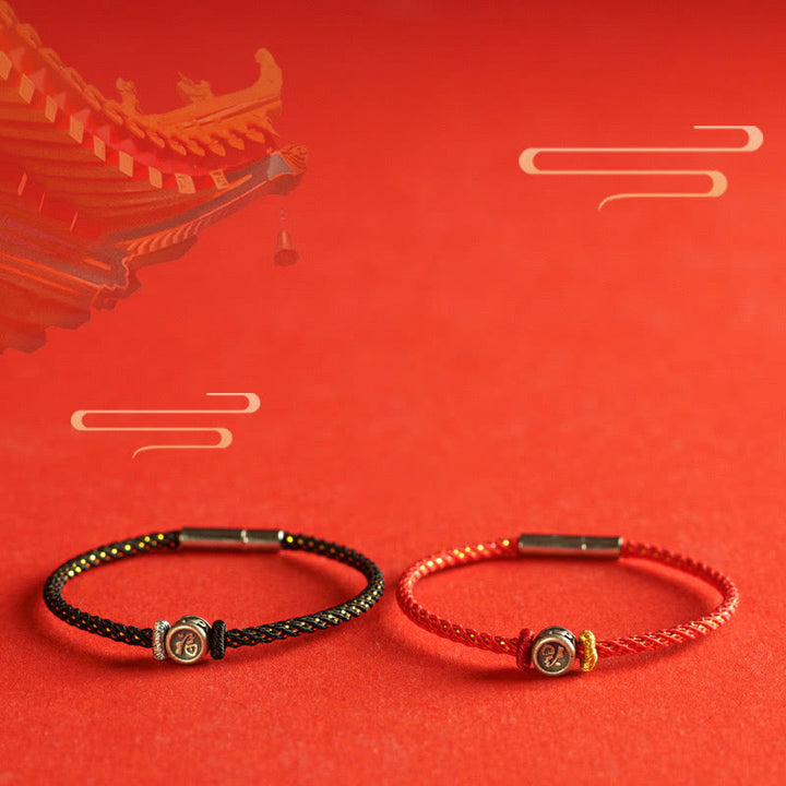 Bracelet tressé en argent sterling 925 Buddha Stones et personnage de la foi Fu