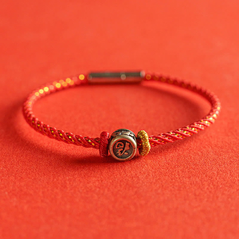 Bracelet tressé en argent sterling 925 Buddha Stones et personnage de la foi Fu - Rouge - 19 cm - image 0