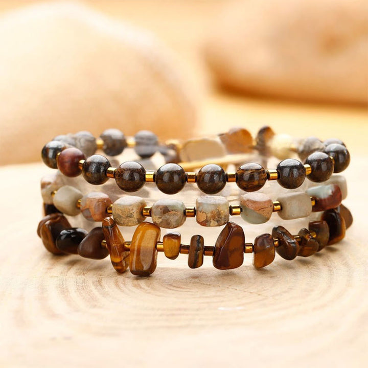 Bracelet triple tour de détermination en pierre empereur en bronzite et œil de tigre Buddha Stones