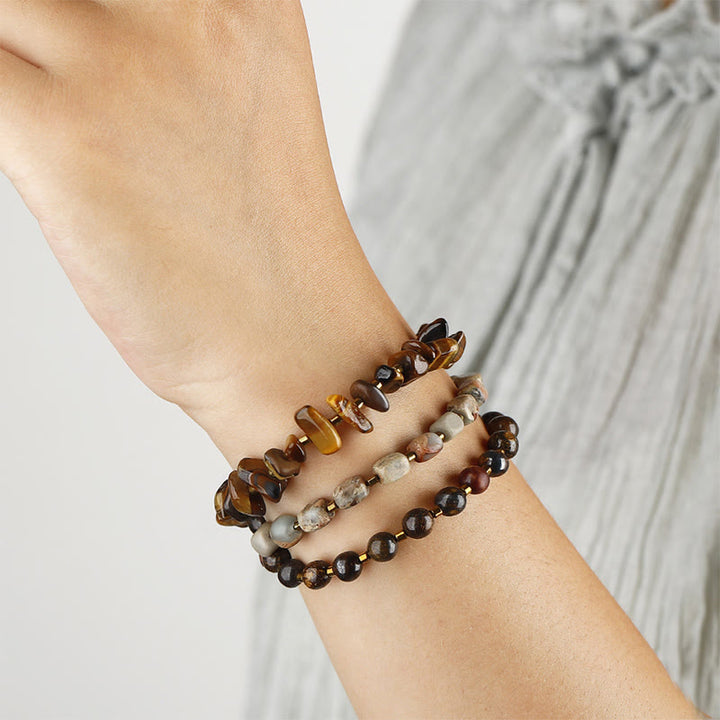 Bracelet triple tour de détermination en pierre empereur en bronzite et œil de tigre Buddha Stones