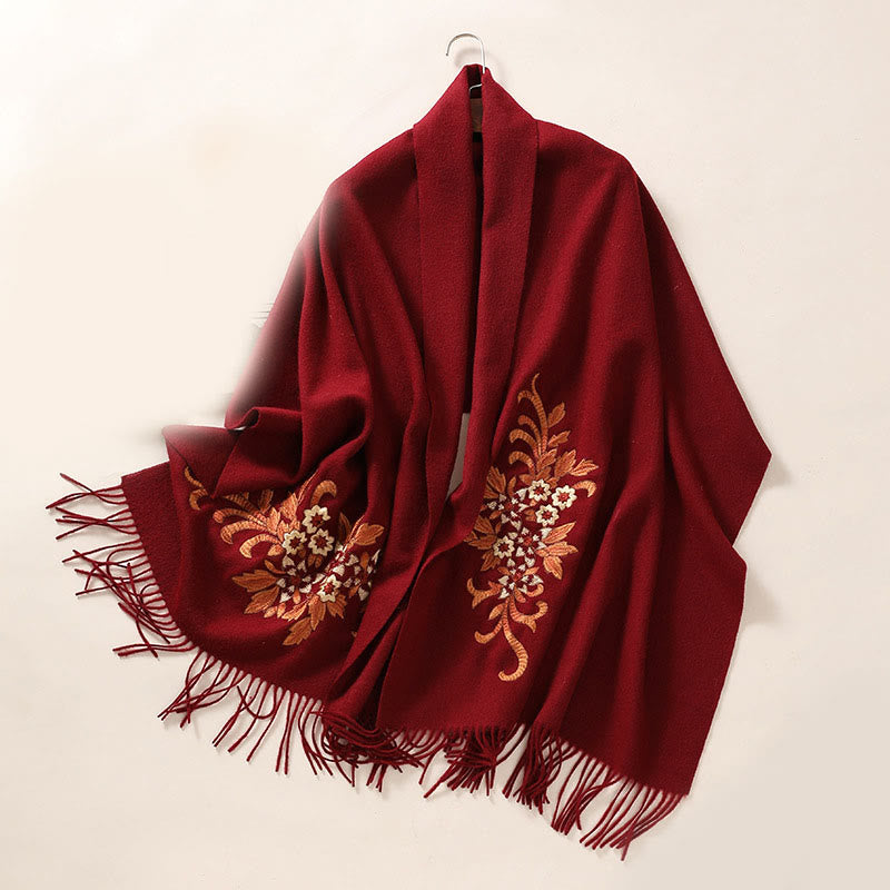 Châle en laine avec Buddha Stones et pompon brodé en bégonia, écharpe de voyage confortable pour l'hiver - Rouge foncé - 200 x 60 cm - image 11