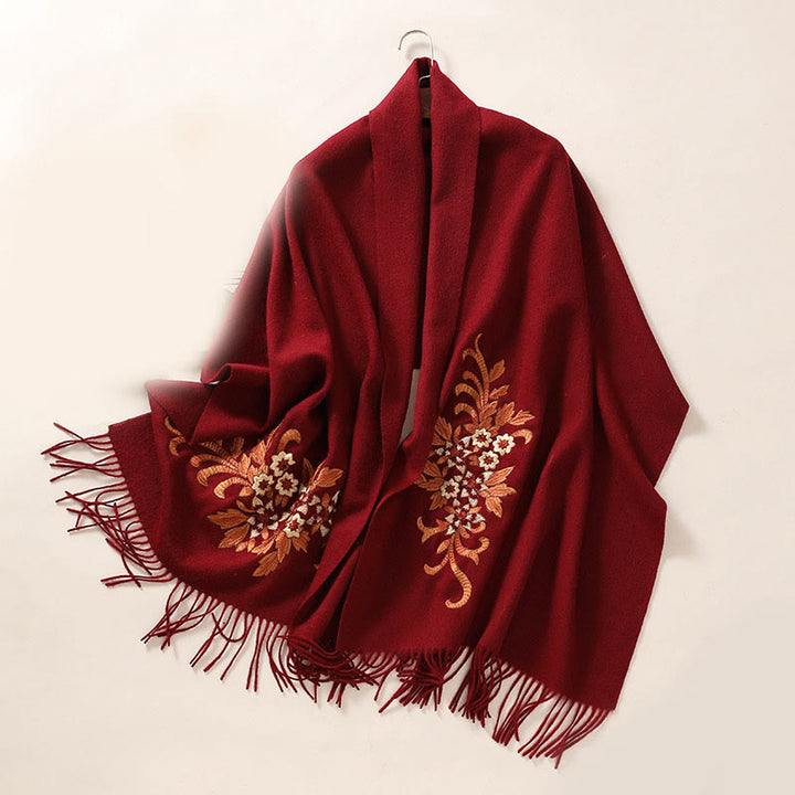 Châle en laine avec Buddha Stones et pompon brodé en bégonia, écharpe de voyage confortable pour l'hiver - Rouge foncé - 200 x 60 cm - image 11