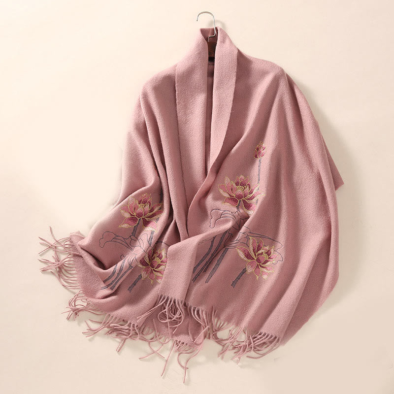 Châle en laine avec Buddha Stones et pompon brodé en lotus pour l'hiver