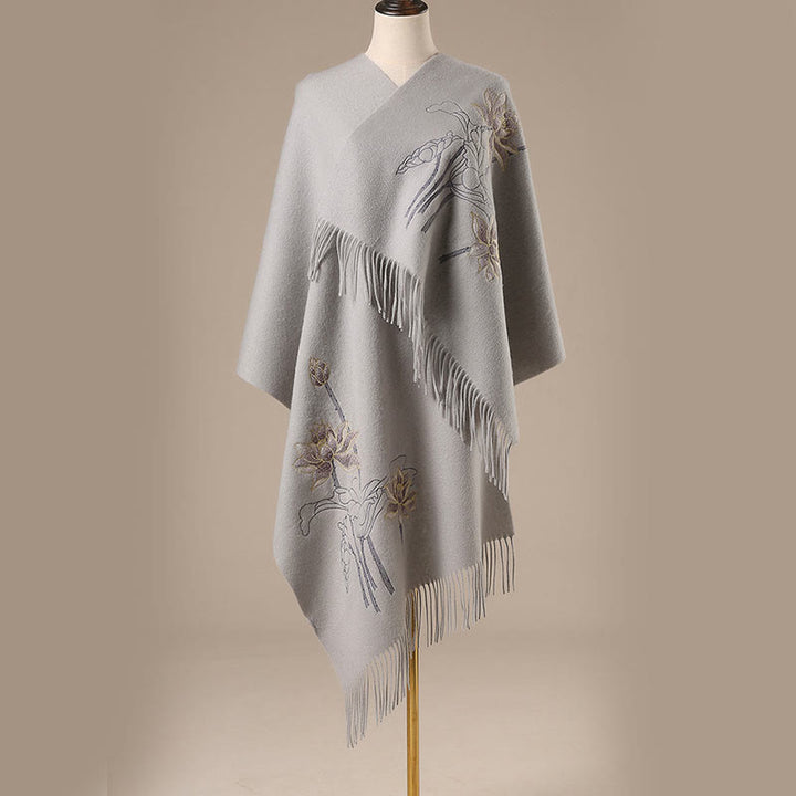 Châle en laine avec Buddha Stones et pompon brodé en lotus pour l'hiver