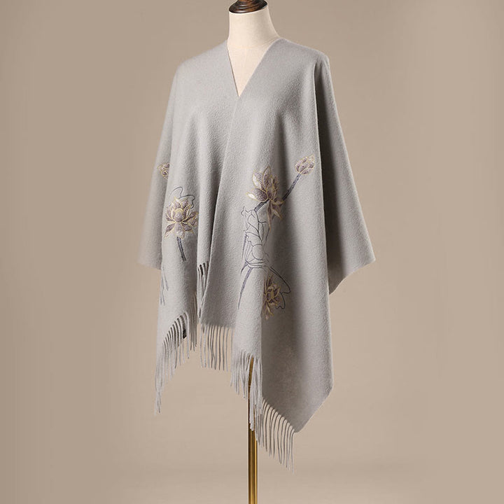 Châle en laine avec Buddha Stones et pompon brodé en lotus pour l'hiver