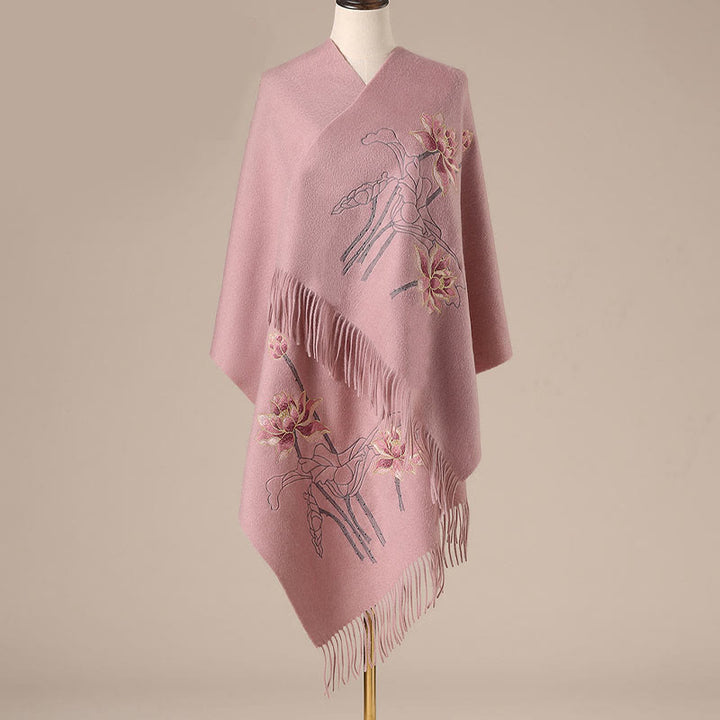 Châle en laine avec Buddha Stones et pompon brodé en lotus pour l'hiver