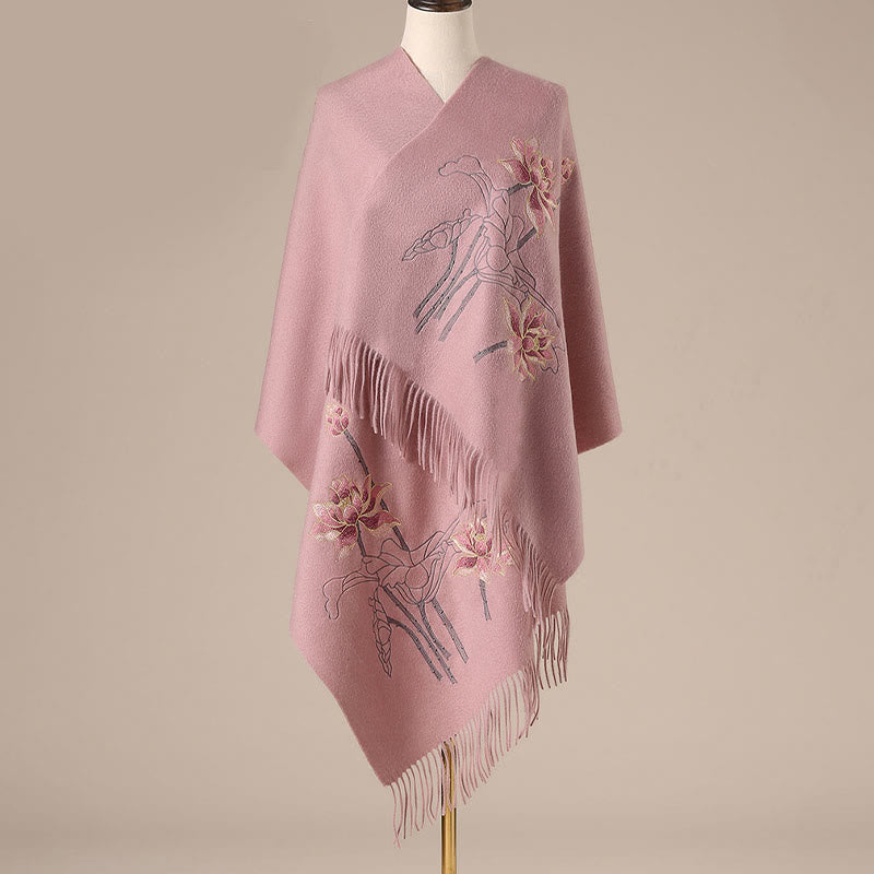 Châle en laine avec Buddha Stones et pompon brodé en lotus pour l'hiver - LightCoral - 200 x 60 cm - image 3