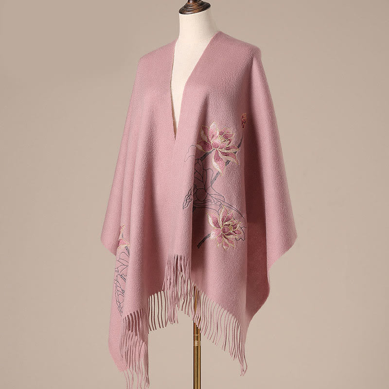 Châle en laine avec Buddha Stones et pompon brodé en lotus pour l'hiver