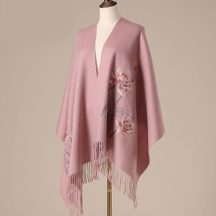 Châle en laine avec Buddha Stones et pompon brodé en lotus pour l'hiver