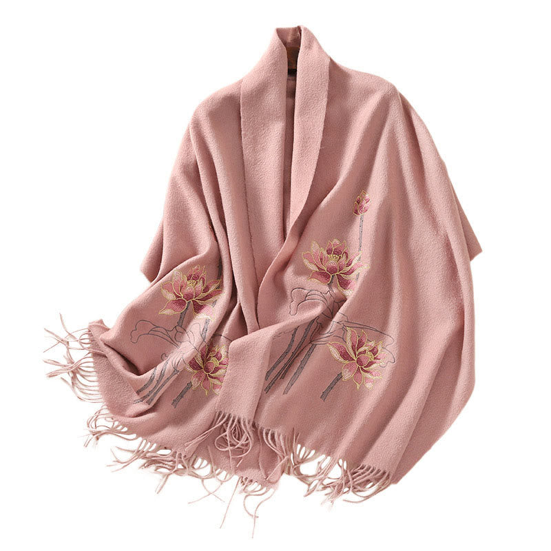 Châle en laine avec Buddha Stones et pompon brodé en lotus pour l'hiver