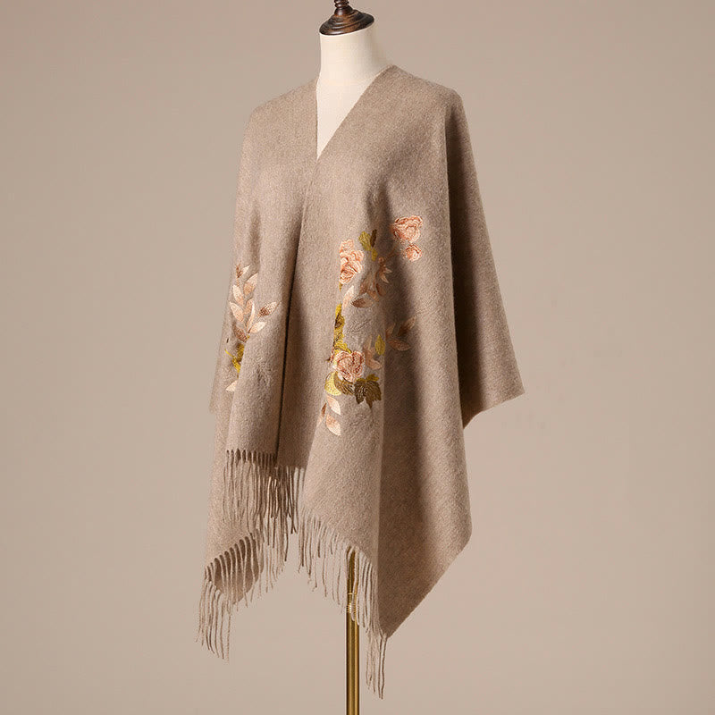 Châle en laine avec Buddha Stones et broderie de fleurs Weiyang avec pompon, écharpe de voyage confortable pour l'hiver - Tanné - 200 x 60 cm - image 0