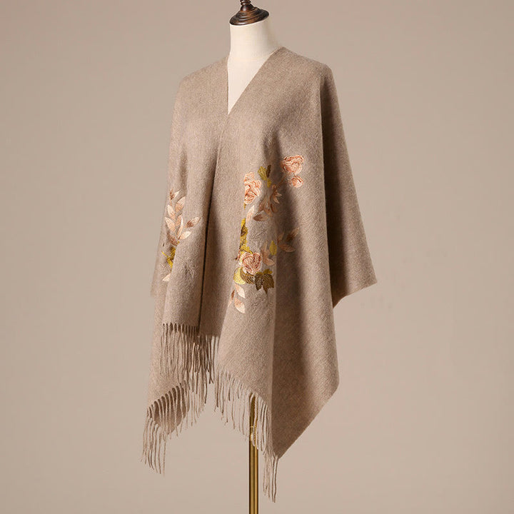 Châle en laine avec Buddha Stones et broderie de fleurs Weiyang avec pompon, écharpe de voyage confortable pour l'hiver - Tanné - 200 x 60 cm - image 0