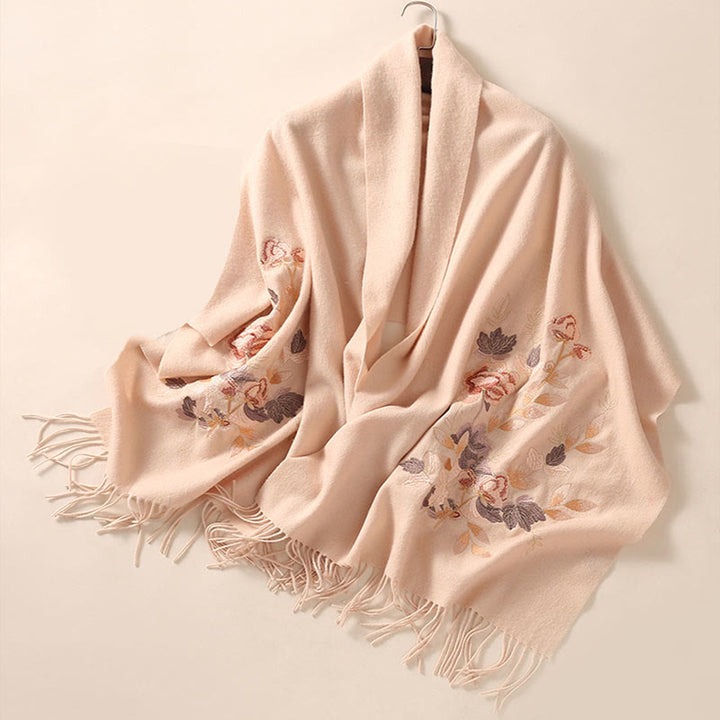 Châle en laine avec Buddha Stones et broderie de fleurs Weiyang avec pompon, écharpe de voyage confortable pour l'hiver - image 9