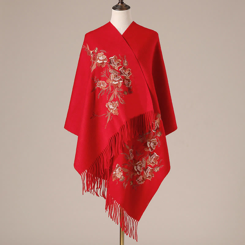 Châle en laine avec Buddha Stones, fleurs, feuilles, broderie, pompon, écharpe de voyage confortable pour l'hiver - Rouge - 200 x 60 cm - image 0