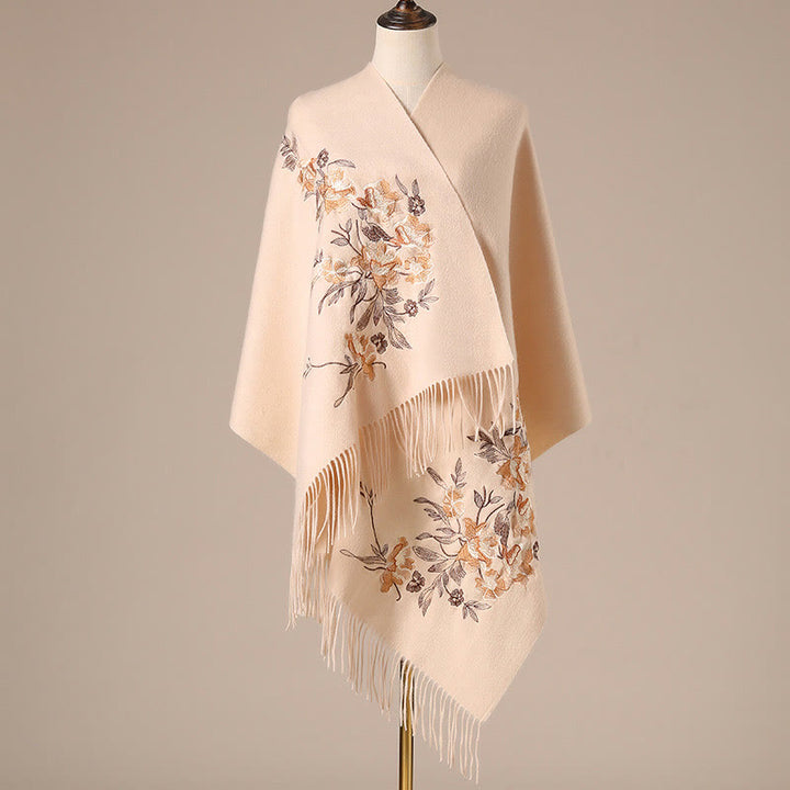 Châle en laine avec Buddha Stones, fleurs, feuilles, broderie, pompon, écharpe de voyage confortable pour l'hiver - PeachPuff - 200 x 60 cm - image 4