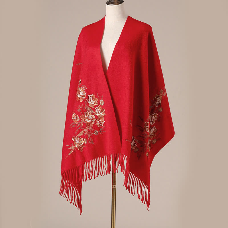 Châle en laine avec Buddha Stones, fleurs, feuilles, broderie, pompon, écharpe de voyage confortable pour l'hiver - image 1