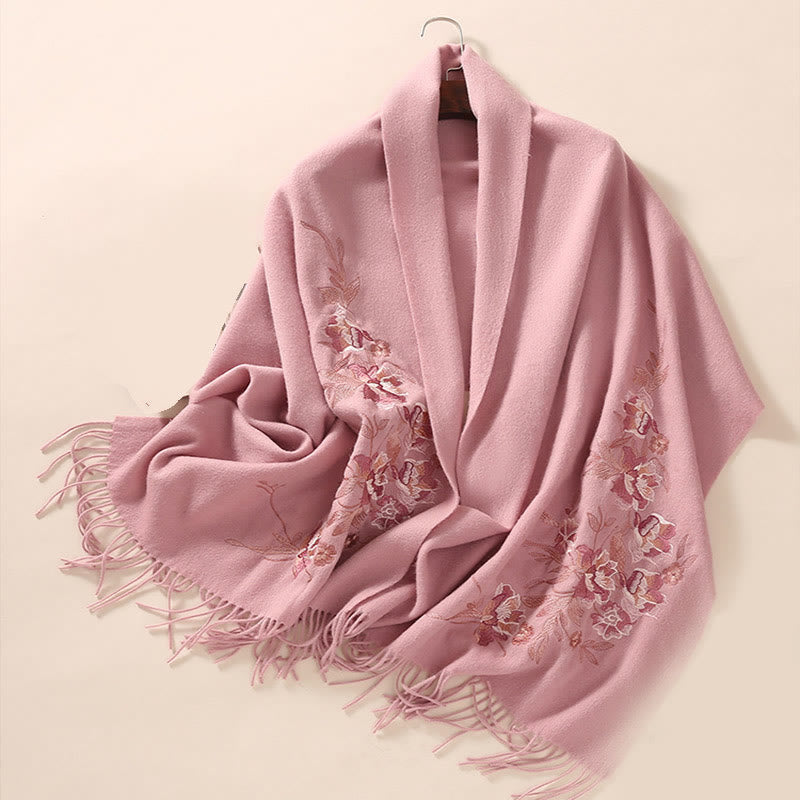 Châle en laine avec Buddha Stones, fleurs, feuilles, broderie, pompon, écharpe de voyage confortable pour l'hiver - image 10