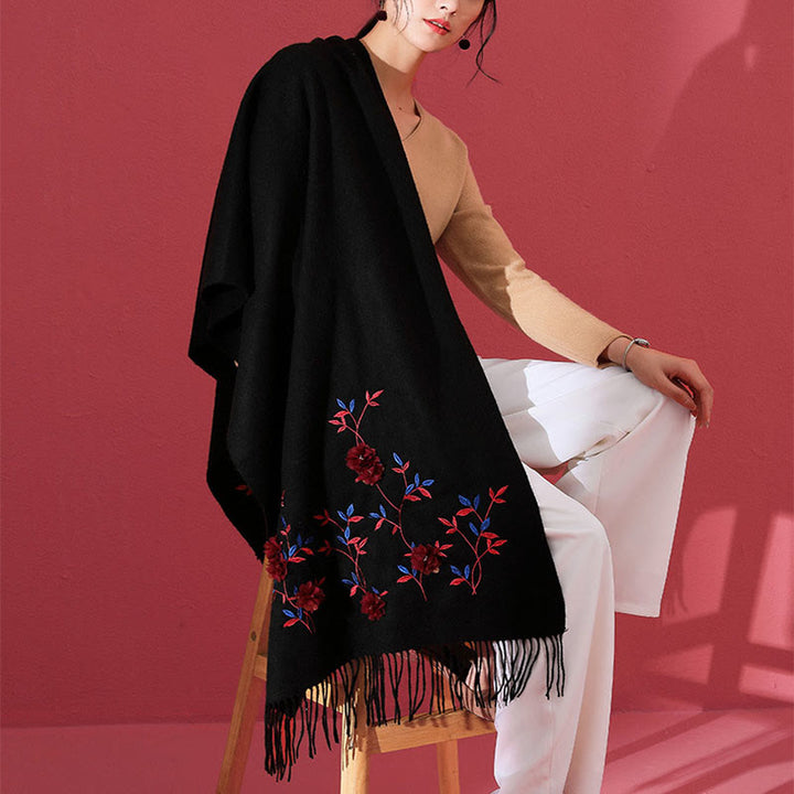 Châle en laine avec Buddha Stones , broderie florale 3D, pompon, écharpe de voyage confortable pour l'hiver