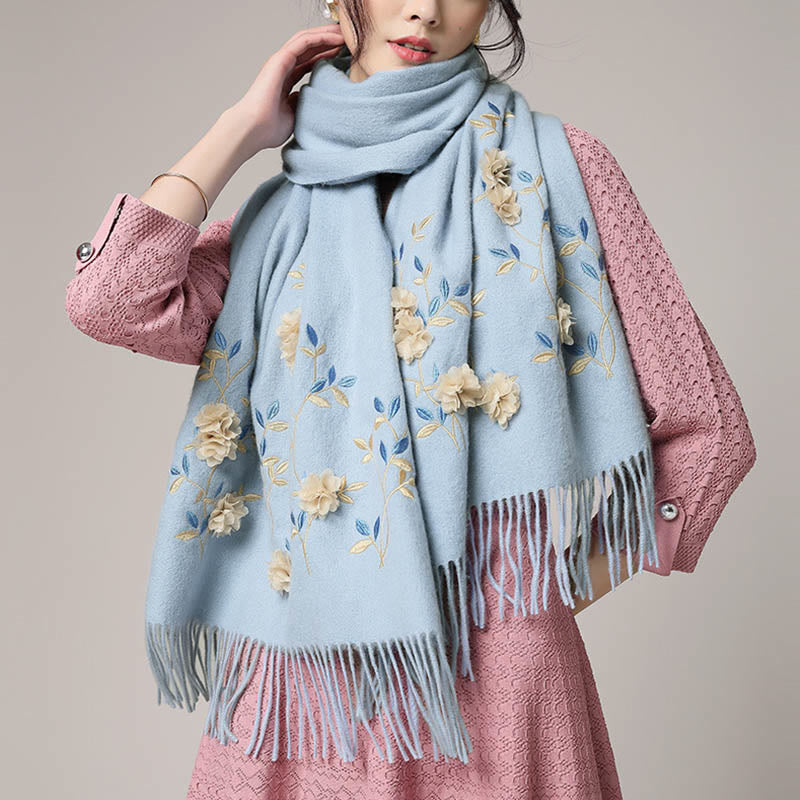 Châle en laine avec Buddha Stones , broderie florale 3D, pompon, écharpe de voyage confortable pour l'hiver - image 12