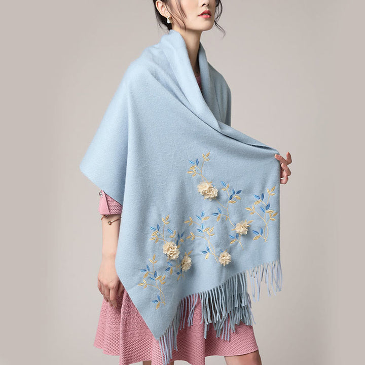 Châle en laine avec Buddha Stones , broderie florale 3D, pompon, écharpe de voyage confortable pour l'hiver - image 13