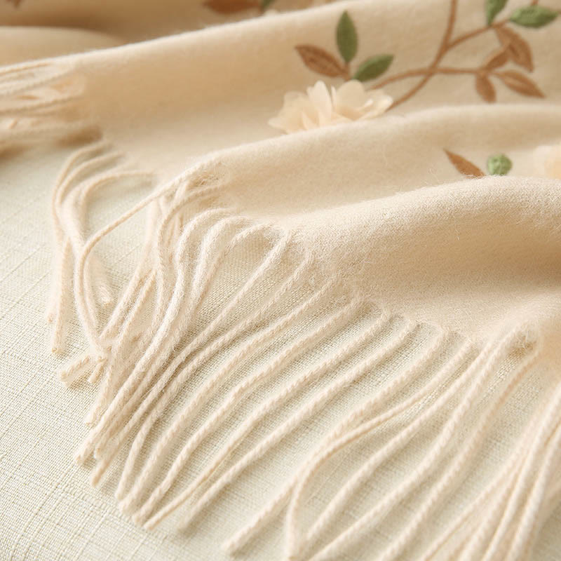 Châle en laine avec Buddha Stones , broderie florale 3D, pompon, écharpe de voyage confortable pour l'hiver