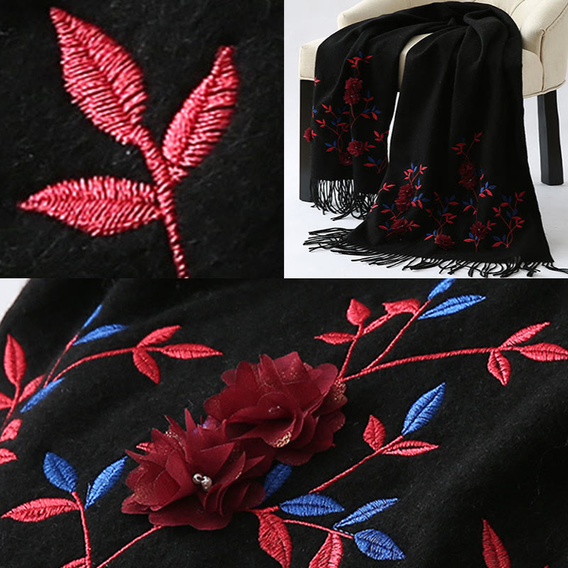 Châle en laine avec Buddha Stones , broderie florale 3D, pompon, écharpe de voyage confortable pour l'hiver - image 5